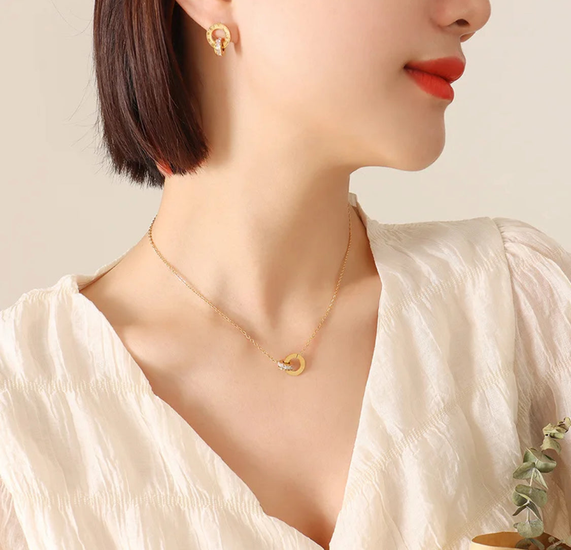 18k Gold filled CZ Necklace and stud earring set for women