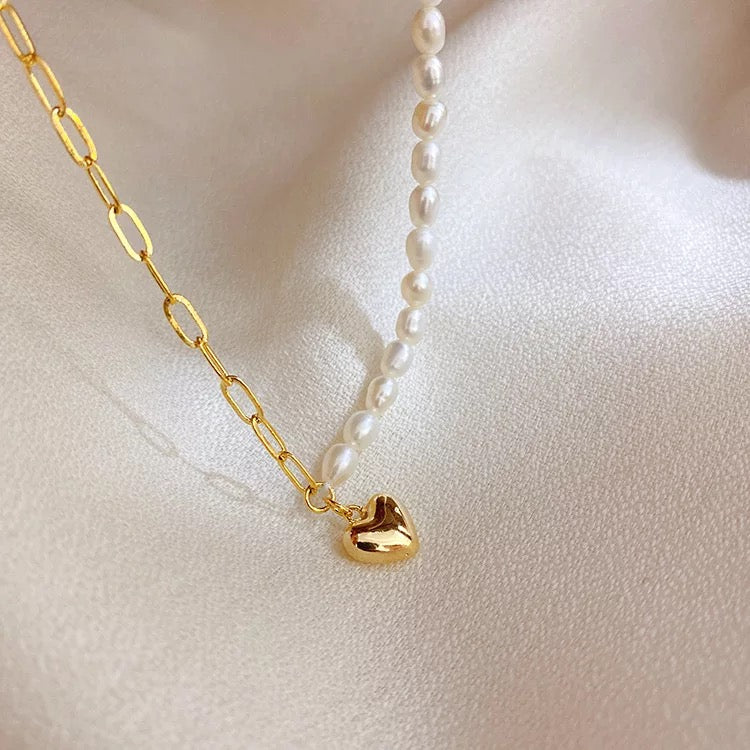 Paperclip Pearl Heart Necklace