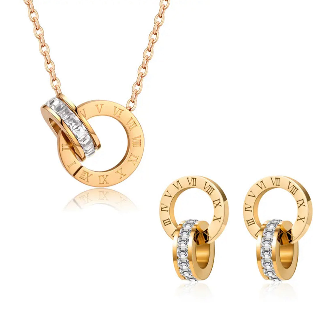 18k Gold filled CZ Necklace and stud earring set for women